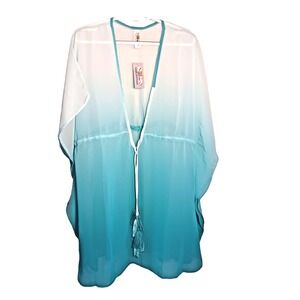India Boutique Beach Coverup Women's Free Size Aqua Sheer Boho Tassel Tie Waist